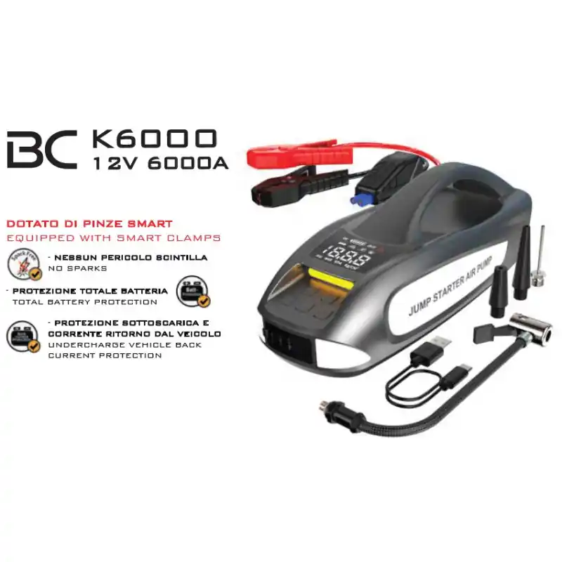 BC BOOSTER AVVIATORE CON COMPRESSORE ARIA 12V 6000A - JUMP STARTER AIR PUMP Professionale